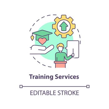 Training services concept icon. Governments may aid abstract idea thin line illustration. Multidisciplinary courses. Isolated outline drawing. Editable stroke. Arial, Myriad Pro-Bold fonts used