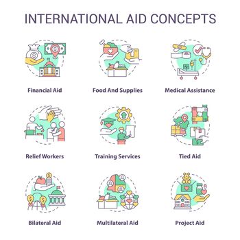 International aid concept icons set. Foreign volunteer opportunities idea thin line color illustrations. Financial aid. Isolated symbols. Editable stroke. Roboto-Medium, Myriad Pro-Bold fonts used