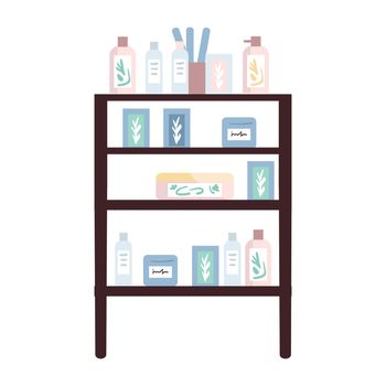 Open shelving with beauty products semi flat color vector object
