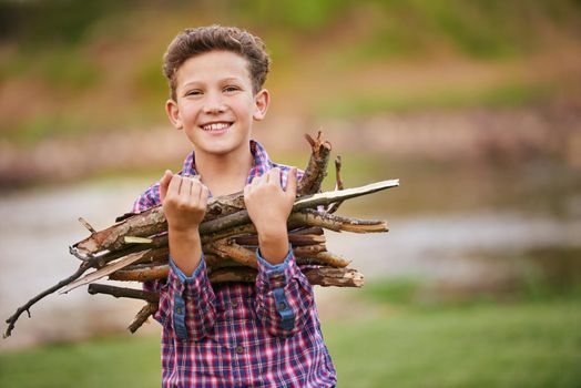 Is this enough wood. Portrait of a young boy carrying a bundle of sticks for a fire while camping.
