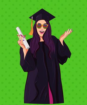 Pop art style graduate girl student wearing pop glasses, cap and graduation gown. Half tones included. Vector illustration.
