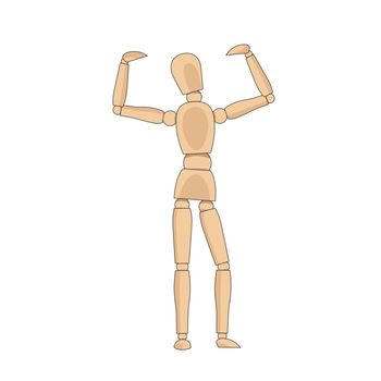 Wooden man model, manikin to draw human body anatomy pose strong, showing power and strenght. Mannequin control dummy figure vector simple illustration stock image