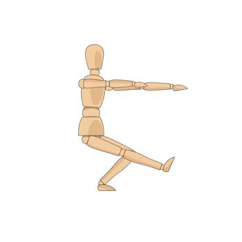 Wooden man model, manikin to draw human body anatomy pose single-leg squat. Mannequin control dummy figure vector simple illustration stock image