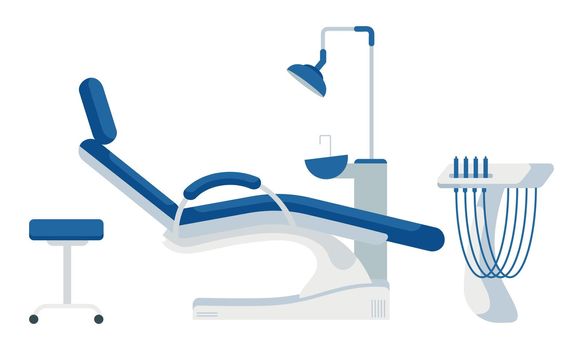 Dental chair and accessories semi flat color vector object. Full sized item on white. Equipment for dental professional simple cartoon style illustration for web graphic design and animation
