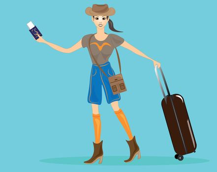 Illustration of a charming travel lady.Smiling Lady holds a passport with plane tickets in her hand. Her suitcase is full of necessary things. She is ready for adventure