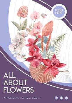 Poster template with orchid flower with boho concept,watercolor style