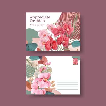 Postcard template with orchid flower with boho concept,watercolor style