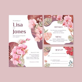 Wedding card template with orchid flower with boho concept,watercolor style