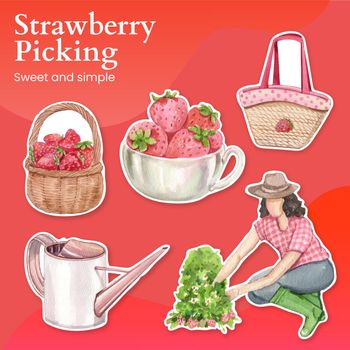 Sticker template with strawberry harvest concept,watercolor style