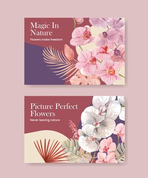 Facebook template with orchid flower with boho concept,watercolor style