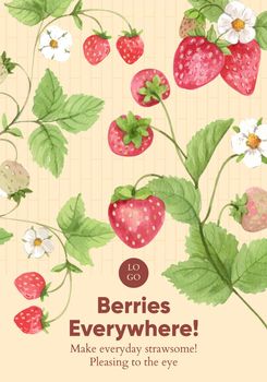 Poster template with strawberry harvest concept,watercolor style