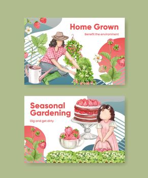 Facebook template with strawberry harvest concept,watercolor style