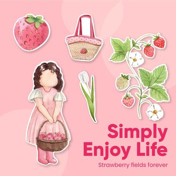 Sticker template with strawberry harvest concept,watercolor style