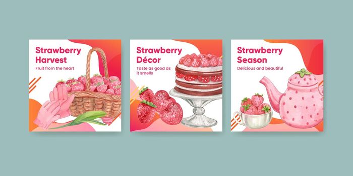 Banner template with strawberry harvest concept,watercolor style