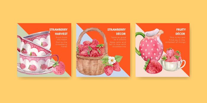 Banner template with strawberry harvest concept,watercolor style