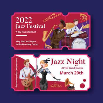 Ticket template with jazz music concept,watercolor style