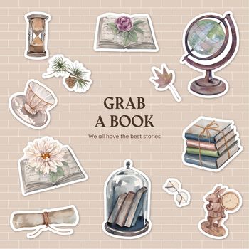 Sticker template with book letter vintage concept,watercolor style