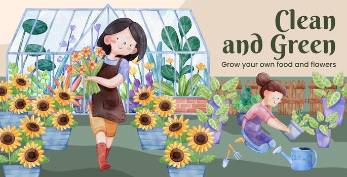 Billboard template with gardening home concept,watercolor style