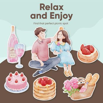 Sticker template with picnic day concept,watercolor style