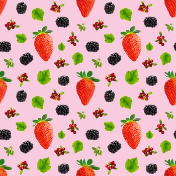 Falling berries seamless pattern isolated on pink background, different flying forest berries.