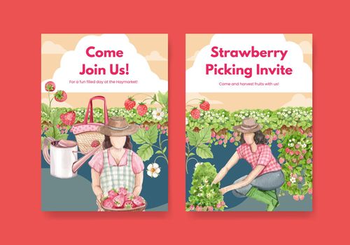 Invitation card template with strawberry harvest concept,watercolor style