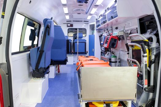 Inside an ambulance car with medical equipment