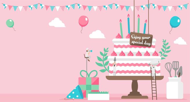Happy birthday ( birthday cake motif ) vector banner illustration