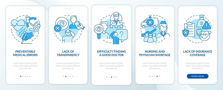 Biggest problems facing healthcare blue onboarding mobile app screen