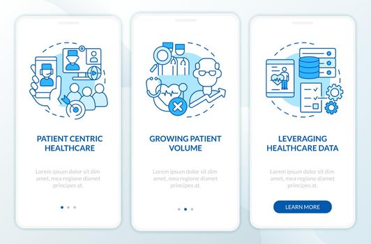Challenges for healthcare workers blue onboarding mobile app screen. Walkthrough 3 steps graphic instructions pages with linear concepts. UI, UX, GUI template. Myriad Pro-Bold, Regular fonts used