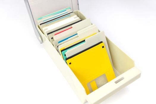 A storage box of 3.5 Inch Floppy disks for background. Retro digital storage technology.