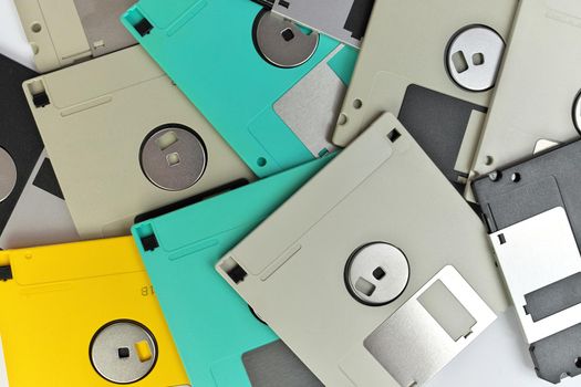 Full Frame Close up of 3.5 Inch Floppy disks for background. Retro digital storage technology.