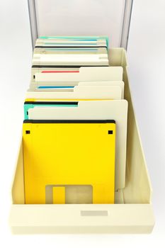 A storage box of 3.5 Inch Floppy disks for background. Retro digital storage technology.
