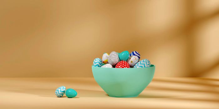 Pile of colored easter eggs on a bowl.3d illustration