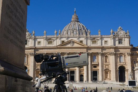 Rome, Italy - March 2022, Big Camera TV in Vatican Square, High quality photo