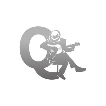 Silhouette of person playing guitar beside letter Q illustration