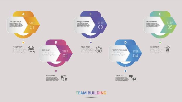 Infographic Team Building icons vector illustration. 5 colored steps info template with editable text.
