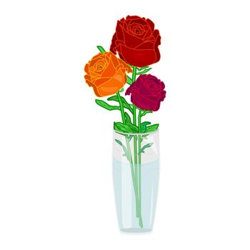Glass vase with roses isolated on white background. Red roses bouquet in glass bowl with water.