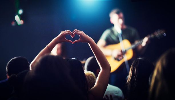 For the love of the music. Cropped shot of an unrecognizable womans hands making a heart shape while a musician is performing at a concert at night.