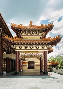 Chinese architecture pavilion with red pillars used for keep A big traditiona drum at Fo Guang San Temple. 