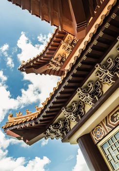 Gable roof architecture against a blue sky background of Taiwanese temple-style at Fo Guang San Temple. Selective focus.
