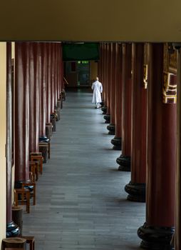 Back side of Chinese buddhist monk white robe walking on pathway in Fo Guang San Temple. 