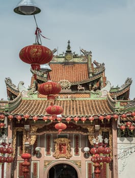 Bangkok, Thailand - Feb 10, 2020 : Architecture of chinese-style temple in front of the Wat Bhoman Khunaram (Bhoman Khunaram Temple). Selective focus.