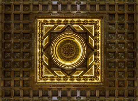 Bangkok, Thailand - Feb 19, 2022 : Elaborate sculptures on ceiling design inside the Buddhist church of Fo Guang San Temple. Taiwanese temple-style, Selective focus.