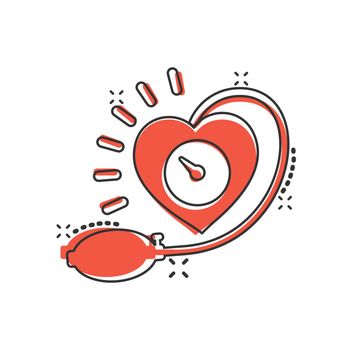 Arterial blood pressure icon in comic style. Heartbeat monitor cartoon vector illustration on isolated background. Pulse diagnosis splash effect sign business concept.