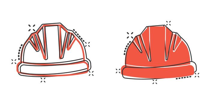 Construction helmet icon in comic style. Safety cap cartoon vector illustration on isolated background. Worker hat splash effect sign business concept.