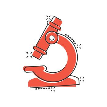 Microscope icon in comic style. Laboratory magnifier cartoon vector illustration on isolated background. Biology instrument splash effect sign business concept.