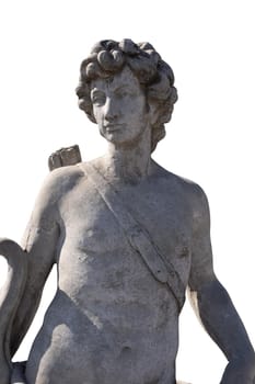 Stone sculpture of male hunter with archer's bag on white background