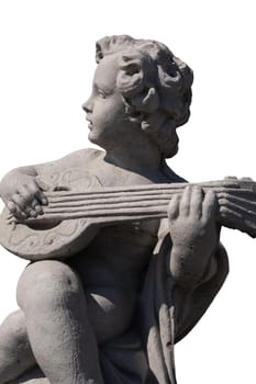 Side view of ancient stone sculpture of naked cherub playing lute on white background