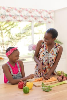 Smiling african american mother teaching daughter cooking in the kitchen