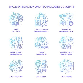 Space exploration and technology blue gradient concept icons set